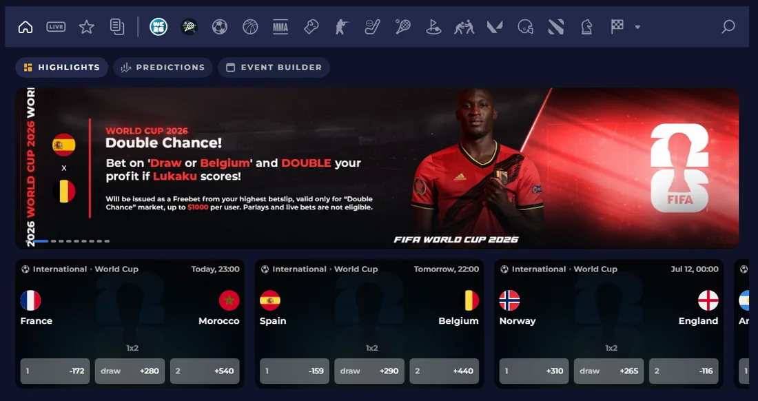Rainbet sportsbook lobby showing World Cup 2026 matches with moneyline odds